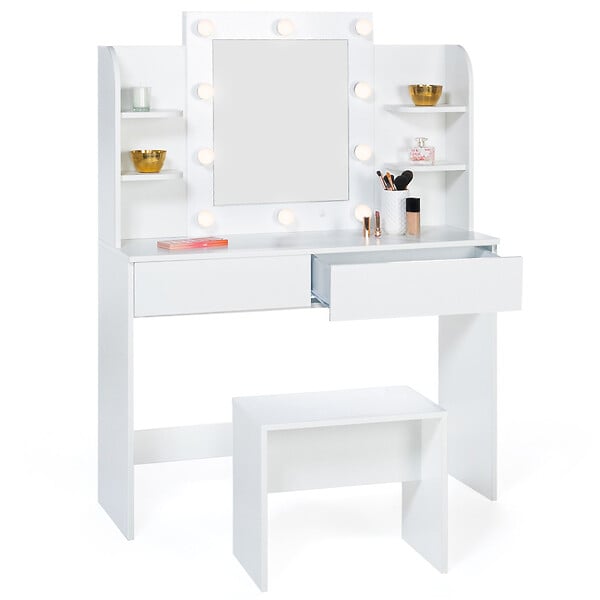 ID MARKET - Coiffeuse ZELIA blanche table de maquillage 4 étagères, miroir LED et tabouret - large