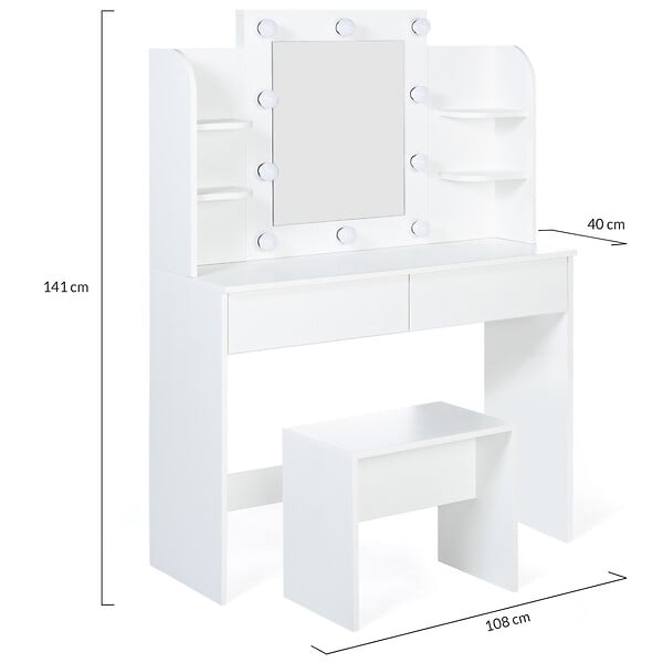 ID MARKET - Coiffeuse ZELIA blanche table de maquillage 4 étagères, miroir LED et tabouret - large
