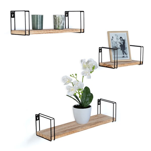 ID MARKET - Lot de 3 étagères murales LILY bois et métal design industriel - large