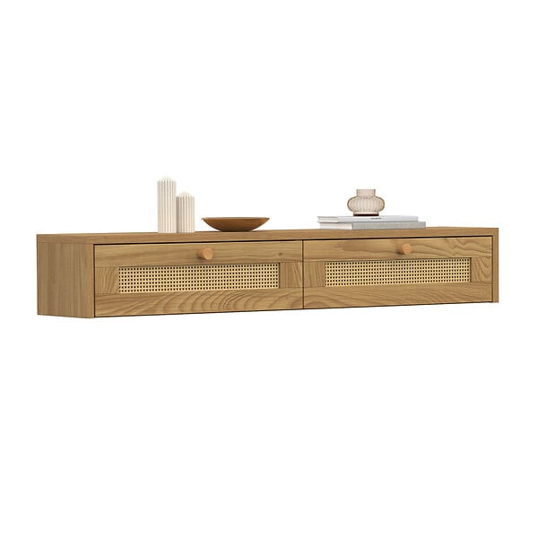 ID MARKET - Etagère murale console d'entrée HANAE 2 tiroirs effet naturel cannage - large