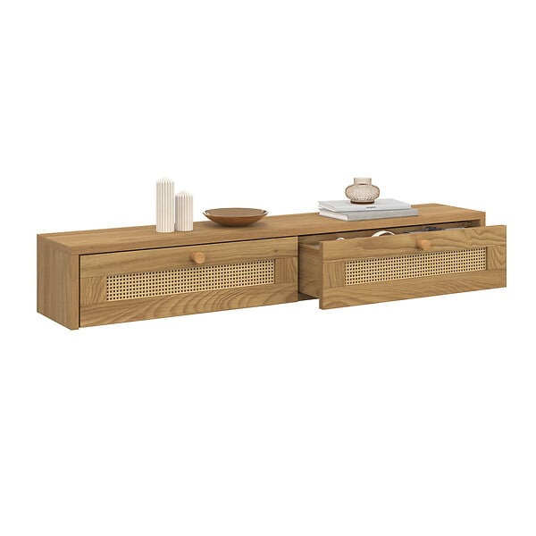 ID MARKET - Etagère murale console d'entrée HANAE 2 tiroirs effet naturel cannage - large