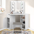 ID MARKET - Coiffeuse d'angle ZELIA blanche 3 miroirs LED, 3 étagères, 1 tiroir, 1 caisson de rangement et tabouret - vignette