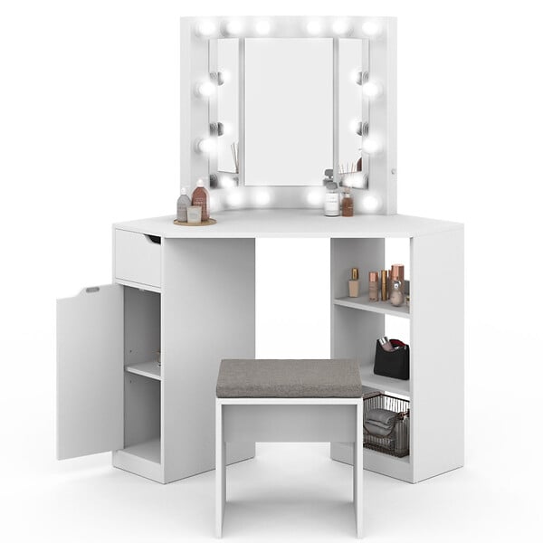 ID MARKET - Coiffeuse d'angle ZELIA blanche 3 miroirs LED, 3 étagères, 1 tiroir, 1 caisson de rangement et tabouret - large