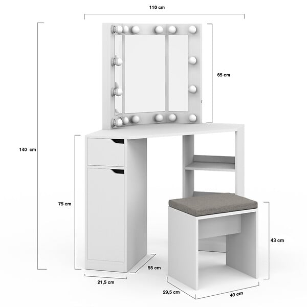 ID MARKET - Coiffeuse d'angle ZELIA blanche 3 miroirs LED, 3 étagères, 1 tiroir, 1 caisson de rangement et tabouret - large
