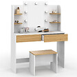 ID MARKET - Coiffeuse ZELIA blanc et hêtre table de maquillage 4 étagères, miroir LED et tabouret - vignette