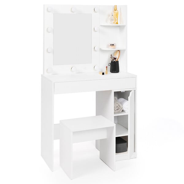 ID MARKET - Coiffeuse ZELIA miroir LED avec 1 tiroir, étagères, caisson de rangement et tabouret - large