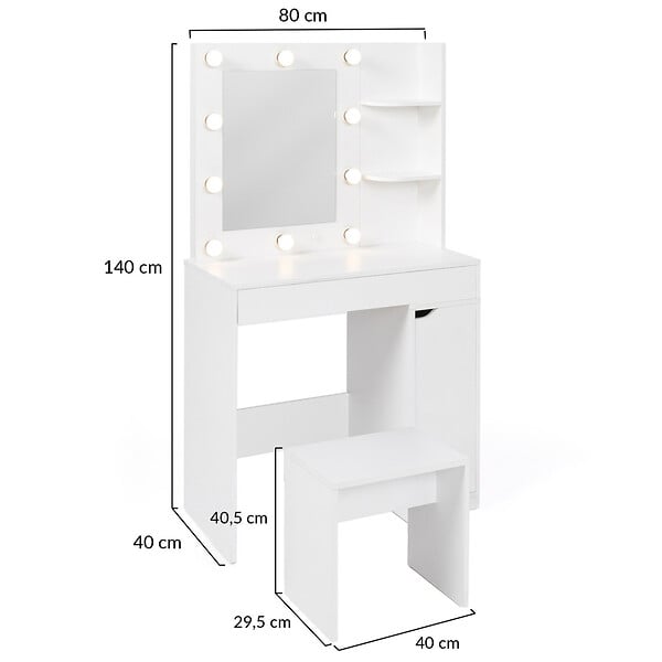 ID MARKET - Coiffeuse ZELIA miroir LED avec 1 tiroir, étagères, caisson de rangement et tabouret - large