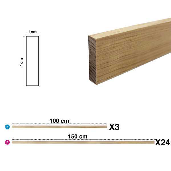 99DECO - Kit de moulures murales en bois à 26 tasseaux de 150 cm - Pin des Landes - Prêt à coller et peindre - Iris - 3 mètres - Fabrication française - large