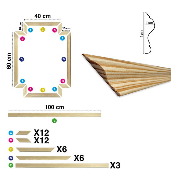 99DECO - Kit de 3 moulures murales en bois - Pin des Landes - Prêt à coller et peindre - Salomé - 3 mètres - Fabrication française - large
