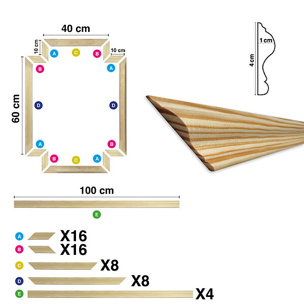 99DECO - Kit de 4 moulures murales en bois - Pin des Landes - Prêt à coller et peindre - Salomé - 4 mètres - Fabrication française - large