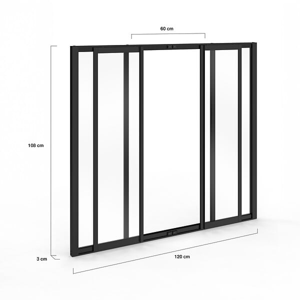 ID MARKET - Verrière atelier coulissante 4 vitrages L. 120 x H.108 cm en métal noir et verre trempé - large