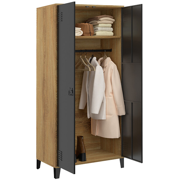 ID MARKET - Armoire vestiaire penderie ESTER 2 portes métal noir et contour bois design industriel - large