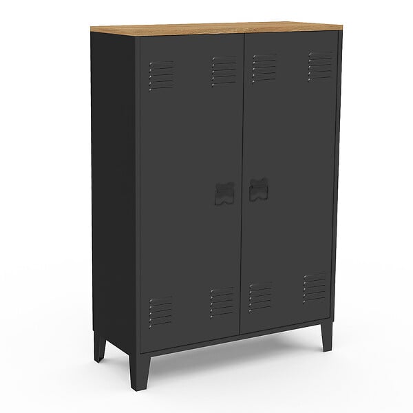 ID MARKET - Armoire basse ESTER 2 portes métal noir et plateau bois design industriel - large