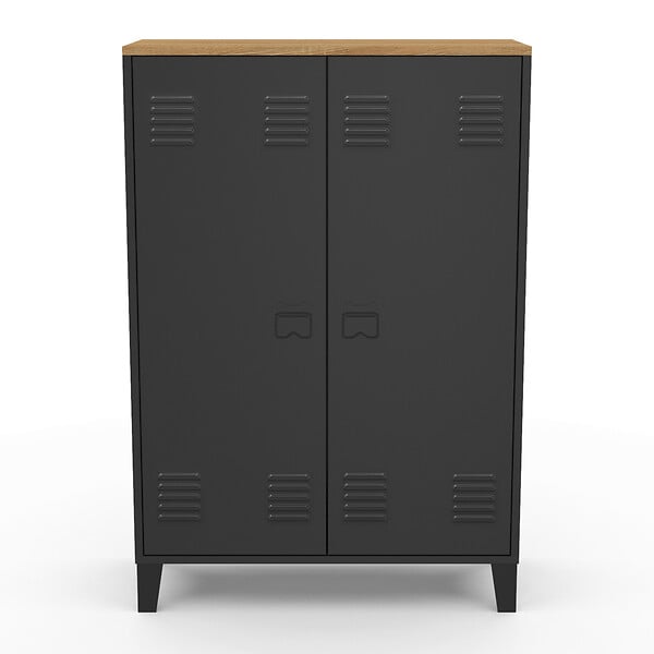 ID MARKET - Armoire basse ESTER 2 portes métal noir et plateau bois design industriel - large