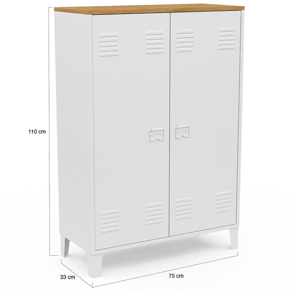 ID MARKET - Armoire basse ESTER 2 portes métal blanc et plateau bois design industriel - large