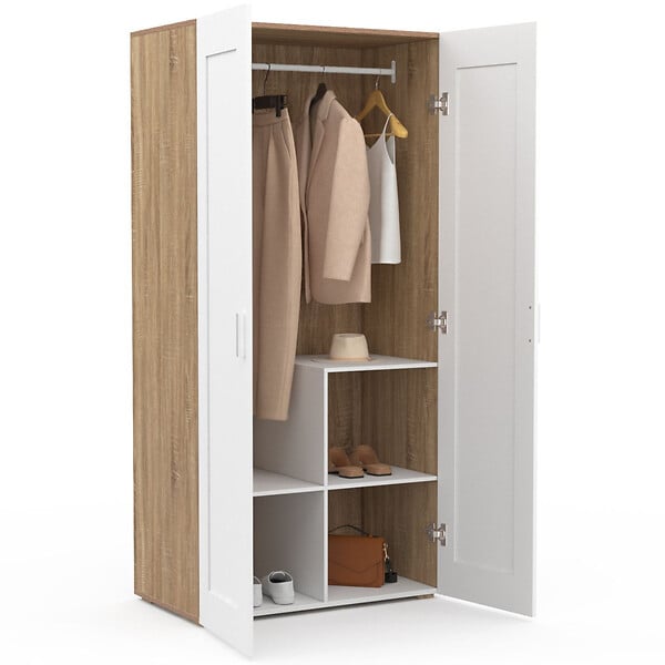 ID MARKET - Armoire 2 portes VITO blanc et bois penderie 80 cm avec étagères rangement maxi capacité - large