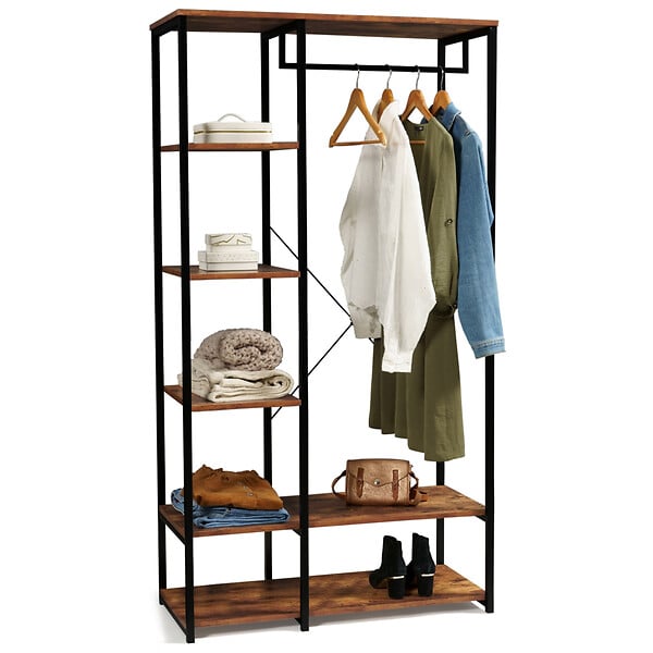 ID MARKET - Dressing penderie étagères L. 90 cm HAWKINS bois foncé design industriel - large