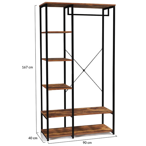 ID MARKET - Dressing penderie étagères L. 90 cm HAWKINS bois foncé design industriel - large