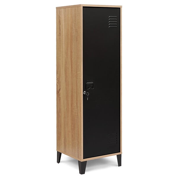 ID MARKET - Armoire vestiaire ESTER 1 porte métal noir et contour bois design industriel - large