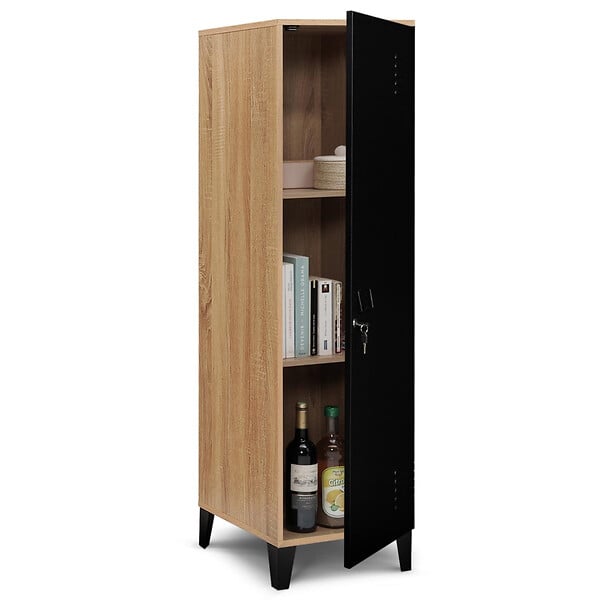 ID MARKET - Armoire vestiaire ESTER 1 porte métal noir et contour bois design industriel - large