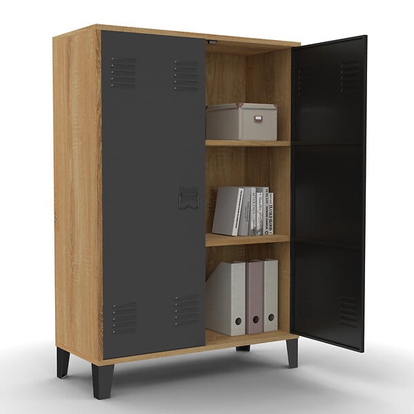 ID MARKET - Armoire basse ESTER 2 portes métal noir et contour bois design industriel - large