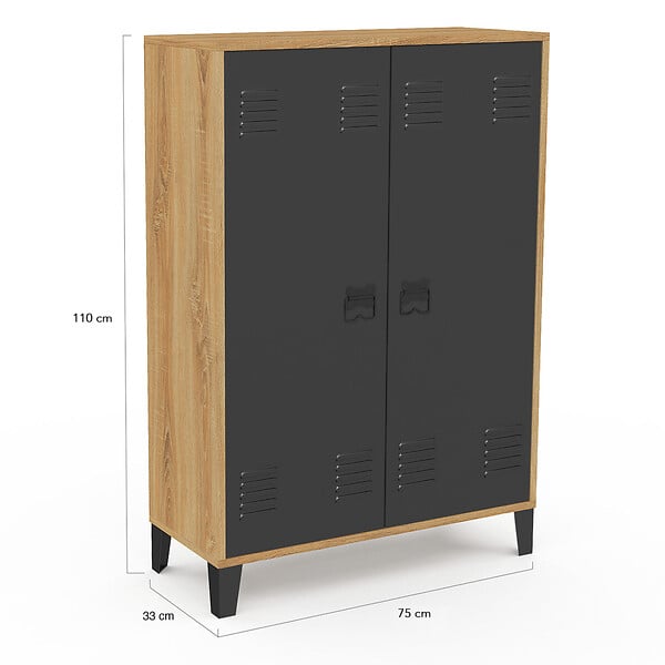 ID MARKET - Armoire basse ESTER 2 portes métal noir et contour bois design industriel - large