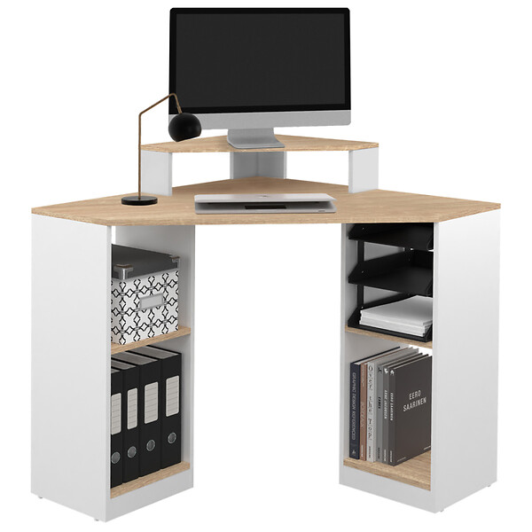 ID MARKET - Bureau d'angle HARRY blanc et façon hêtre gain de place bureau informatique avec rangements - large