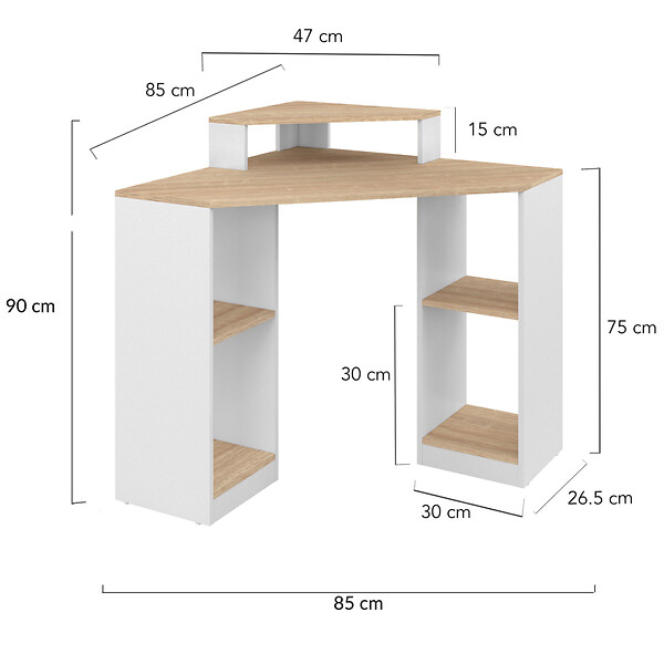 ID MARKET - Bureau d'angle HARRY blanc et façon hêtre gain de place bureau informatique avec rangements - large