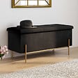 ID MARKET - Banc coffre rangement LOUIS pieds métal doré 100 cm velours noir - vignette
