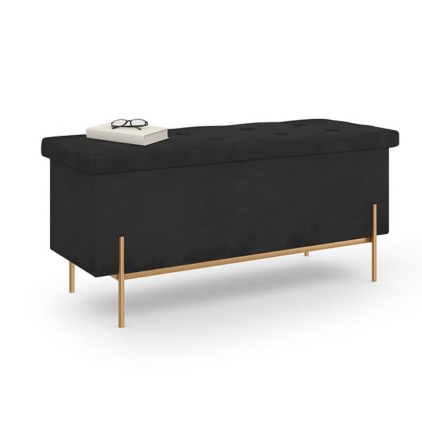 ID MARKET - Banc coffre rangement LOUIS pieds métal doré 100 cm velours noir - large