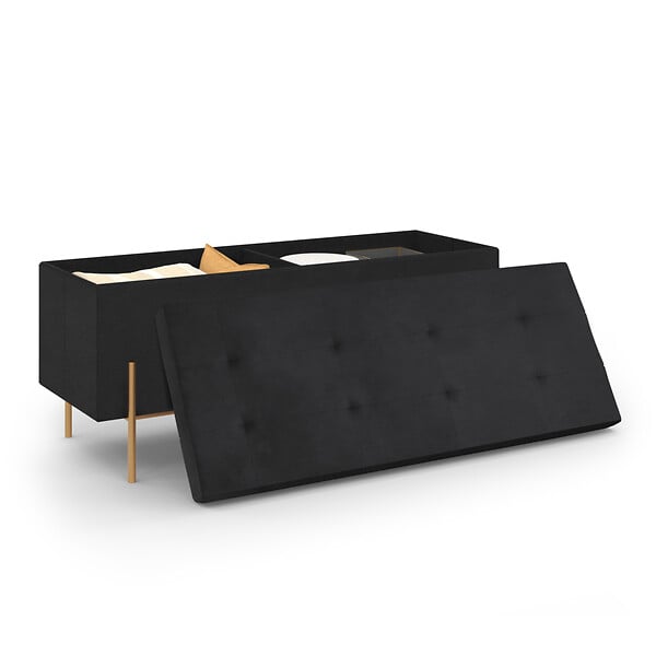 ID MARKET - Banc coffre rangement LOUIS pieds métal doré 100 cm velours noir - large