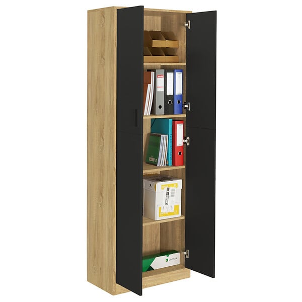 ID MARKET - Armoire de bureau 190 cm multifonction MARIA bois et noir 2 portes 4 étagères - large