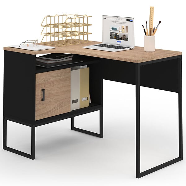 ID MARKET - Bureau d'angle ROB noir et façon hêtre niche de rangement et porte design industriel - large
