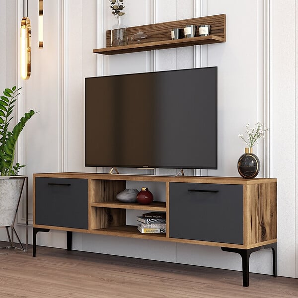 HABITAT ET JARDIN - Meuble TV en bois "Riga" - 140 x 30 x 48 cm - NoyerAnthracite - large