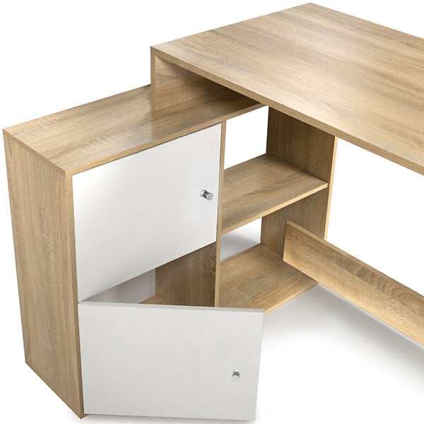 ID MARKET - Bureau d'angle en forme de L BOB avec portes façon hêtre et blanc - large