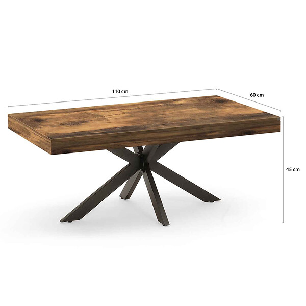 ID MARKET - Table basse rectangulaire ALIX 110 cm pied araignée bois foncé effet vieilli et noir - large