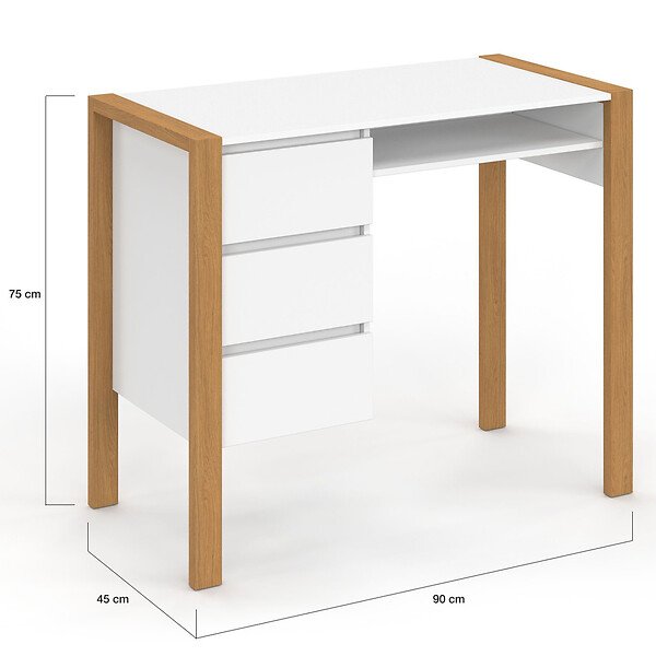 ID MARKET - Bureau scandinave HUGO avec 3 tiroirs et niche blanc et bois - large