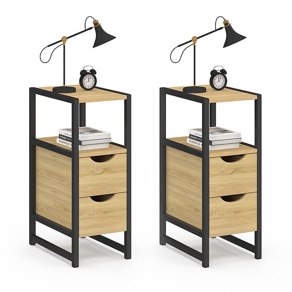ID MARKET - Lot de 2 tables de chevet DETROIT 2 tiroirs et 1 niche bois et métal noir design industriel - large