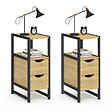 ID MARKET - Lot de 2 tables de chevet DETROIT 2 tiroirs et 1 niche bois et métal noir design industriel - vignette