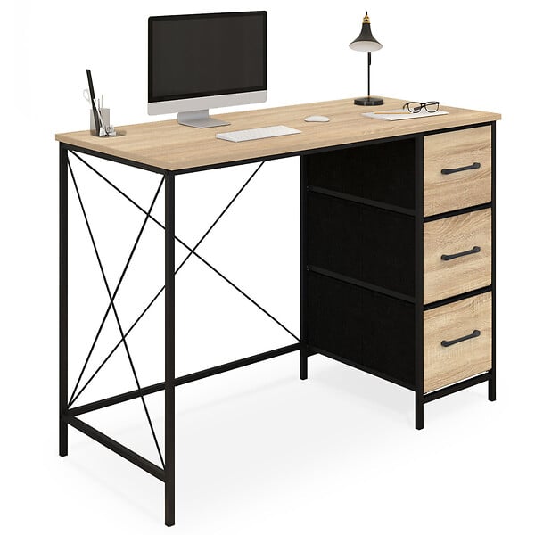 ID MARKET - Bureau 3 tiroirs en tissu UTAH bois et noir design industriel - large