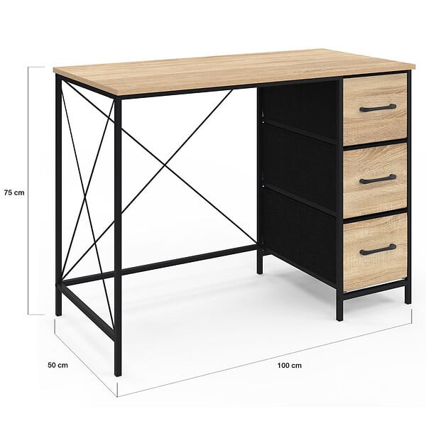ID MARKET - Bureau 3 tiroirs en tissu UTAH bois et noir design industriel - large