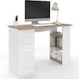 ID MARKET - Bureau droit MAE 3 tiroirs avec étagères de rangement blanc et bois - vignette