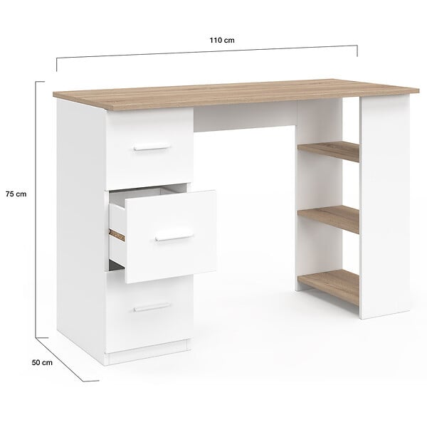 ID MARKET - Bureau droit MAE 3 tiroirs avec étagères de rangement blanc et bois - large