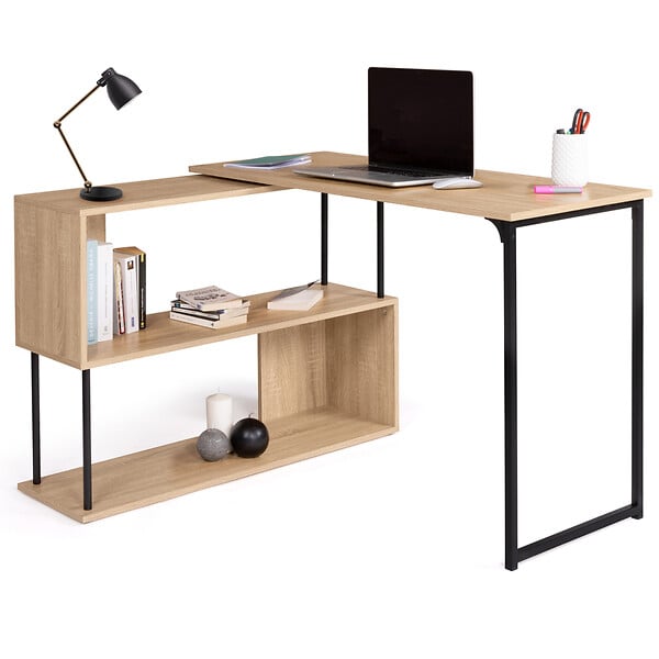 ID MARKET - Bureau d'angle rotatif 180° DETROIT étagère forme S design industriel - large