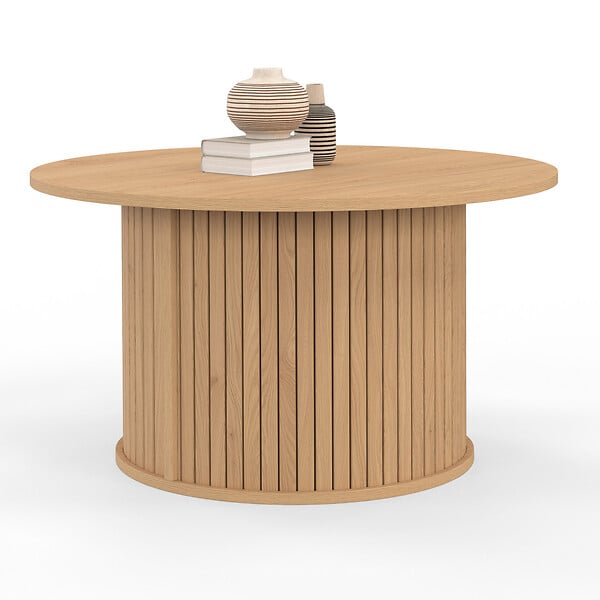 ID MARKET - Table basse ronde JULIETTE 70 cm lattes tasseau bois coloris chêne - large