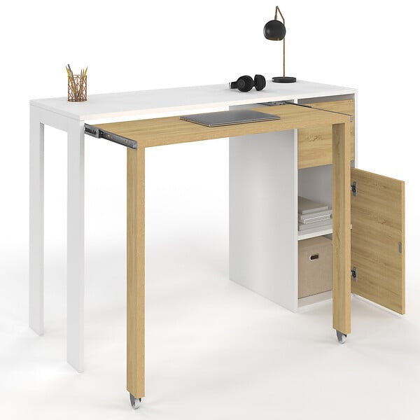 ID MARKET - Bureau extensible RON avec colonne de rangement tiroir et placard blanc et bois - large