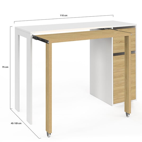ID MARKET - Bureau extensible RON avec colonne de rangement tiroir et placard blanc et bois - large