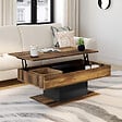 ID MARKET - Table basse plateau relevable rectangulaire EDEN bois foncé effet vieilli et noir - vignette