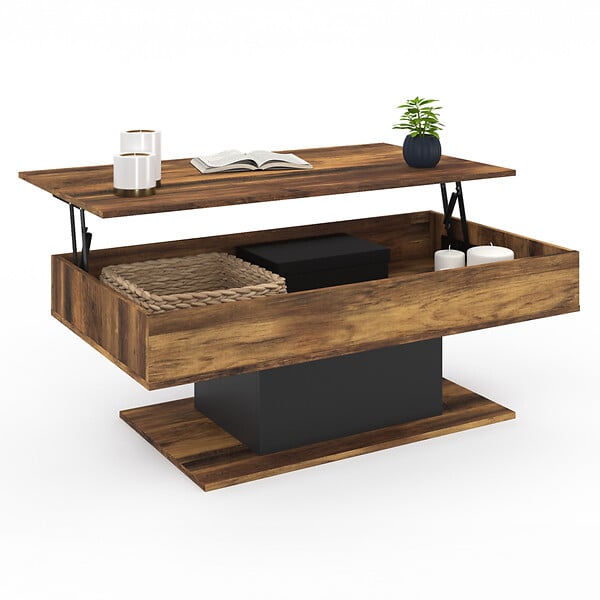 ID MARKET - Table basse plateau relevable rectangulaire EDEN bois foncé effet vieilli et noir - large
