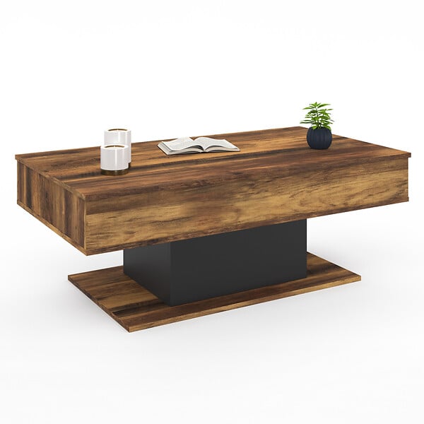ID MARKET - Table basse plateau relevable rectangulaire EDEN bois foncé effet vieilli et noir - large